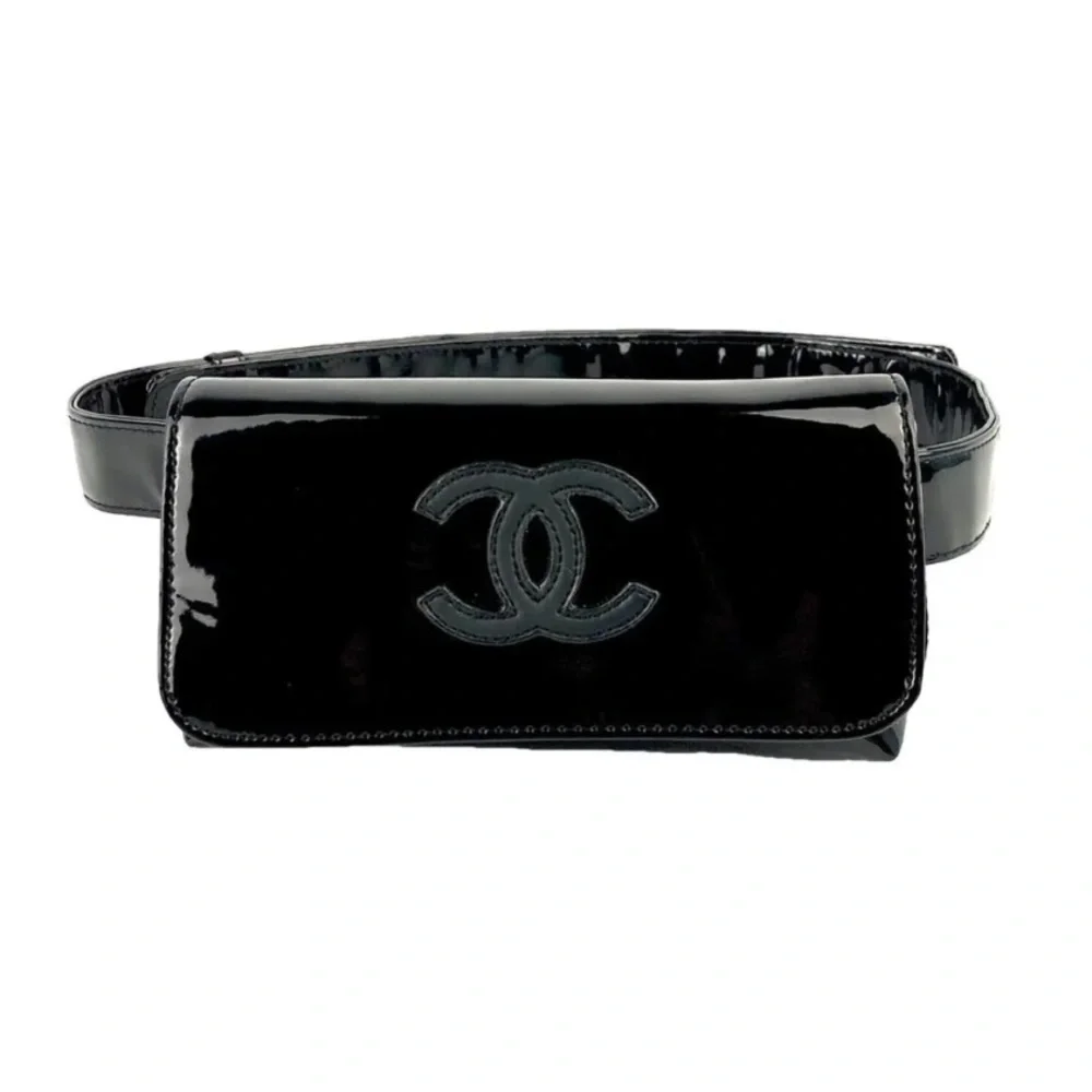 Chanel Black Patent Leather Enamel Logo Waist Pouch